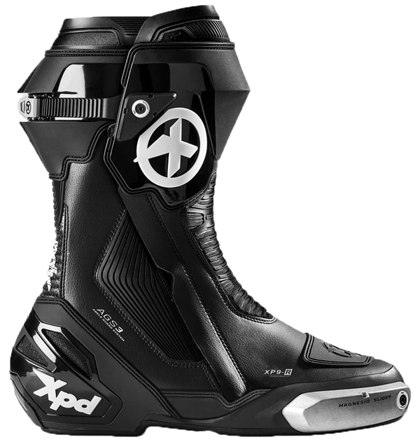 XPD XP9-R men's motorcycle boots in black, side view showing AGS3 ankle guard and racing sole