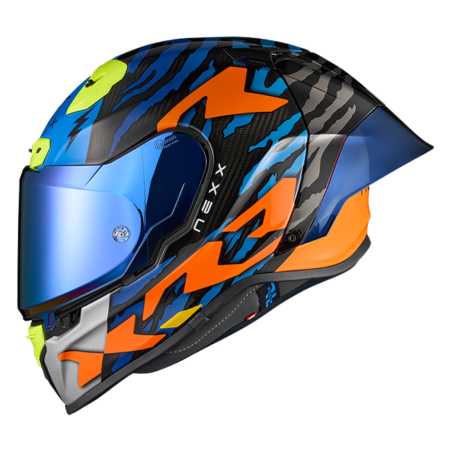 Nexx X.R3R full-face helmet in Ziger Carbon Orange Blue colourway