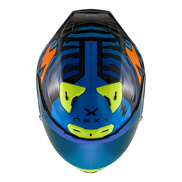 Nexx X.R3R full-face helmet in Ziger Carbon Orange Blue colourway