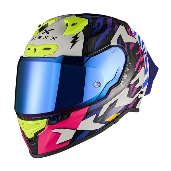 Nexx X.R3R Ziger full-face racing helmet in carbon purple blue colourway
