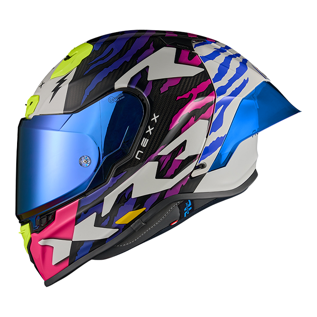 Nexx X.R3R Ziger full-face racing helmet in carbon purple blue colourway