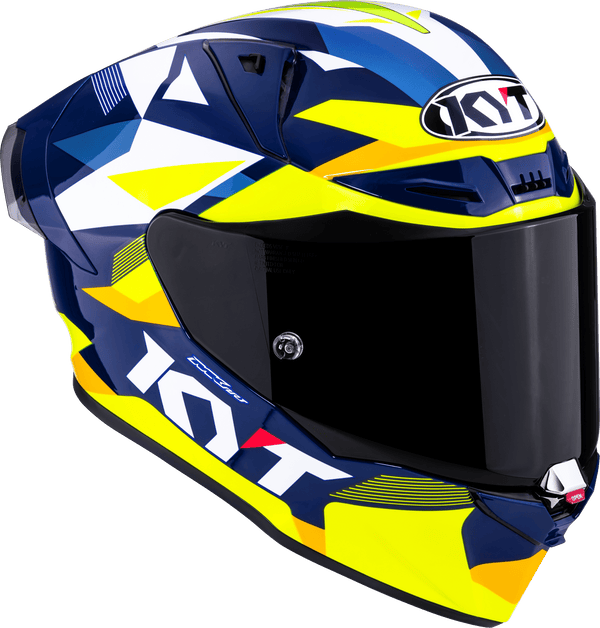 KYT R1R racing helmet in Carbon Diamond Blue and Yellow finish, Y6R10005