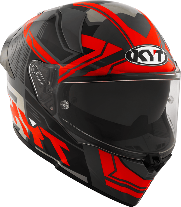 KYT R2R full-face helmet in Octane Red graphic, three-quarter front view