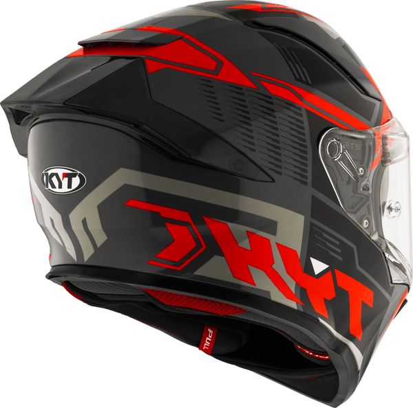 KYT R2R full-face helmet in Octane Red graphic, three-quarter front view