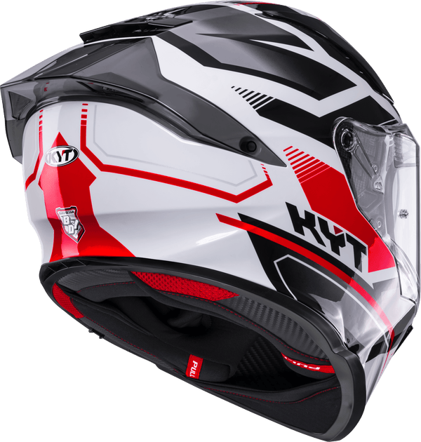 KYT R2R full-face helmet in Parsec White/Red graphic, front three-quarter view