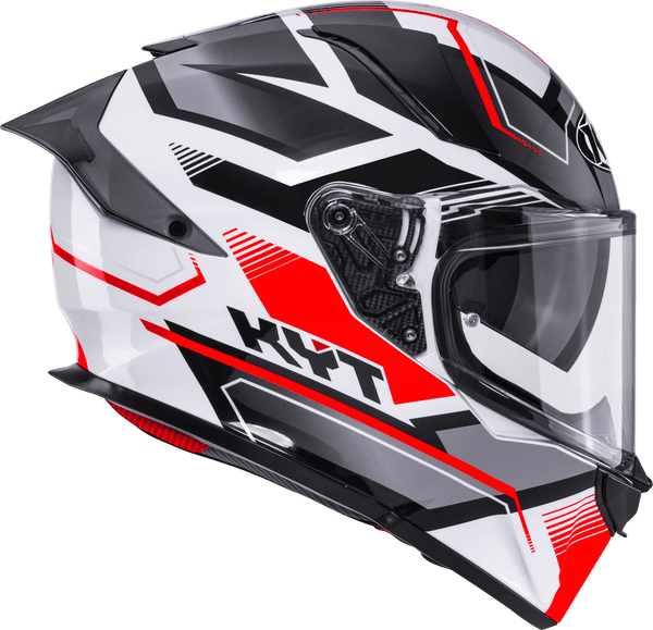 KYT R2R full-face helmet in Parsec White/Red graphic, front three-quarter view