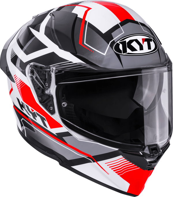 KYT R2R full-face helmet in Parsec White/Red graphic, front three-quarter view