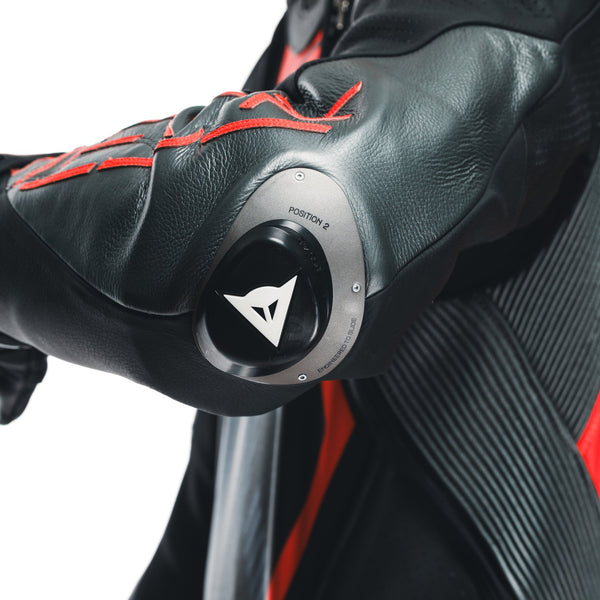 Dainese Audax D-ZIP one-piece leather racing suit in black and red, men's