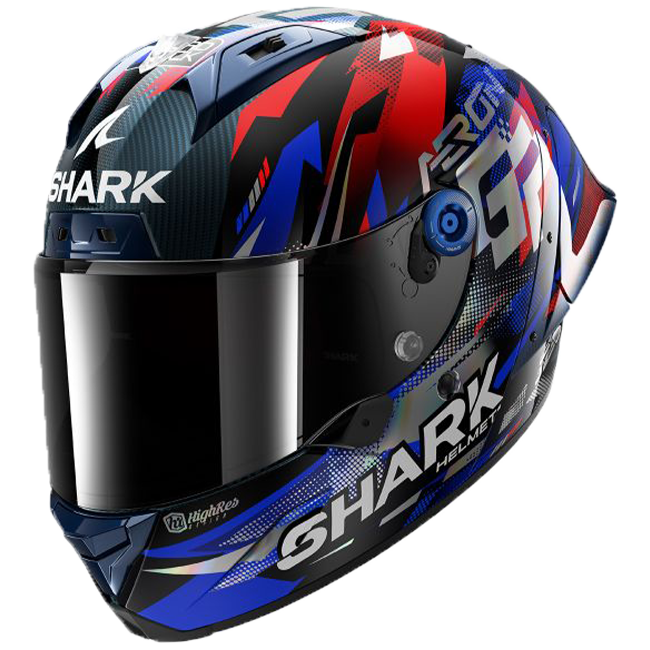 Shark Aeron GP FIM helmet Johann Zarco Victory 2025 replica in blue, white and red DBU livery
