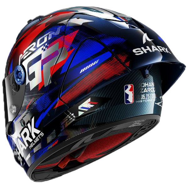 Shark Aeron GP FIM helmet Johann Zarco Victory 2025 replica in blue, white and red DBU livery