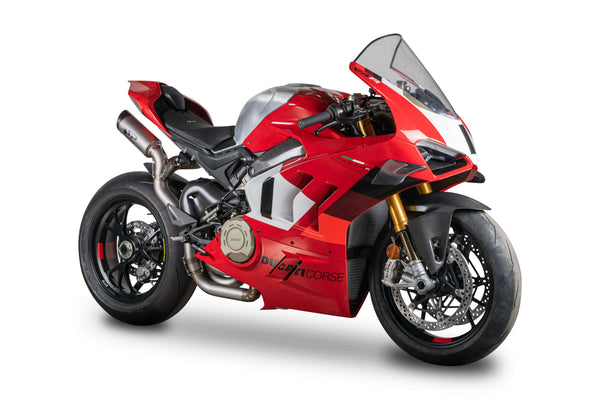 Spark DYNO titanium half exhaust system on Ducati Panigale V4, carbon end caps, GDU8847