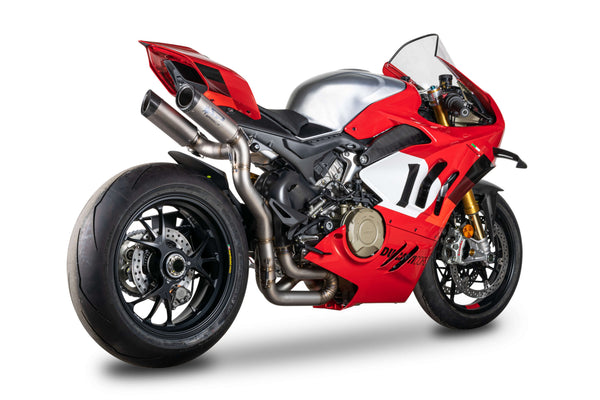Spark DYNO titanium half exhaust system on Ducati Panigale V4, carbon end caps, GDU8847