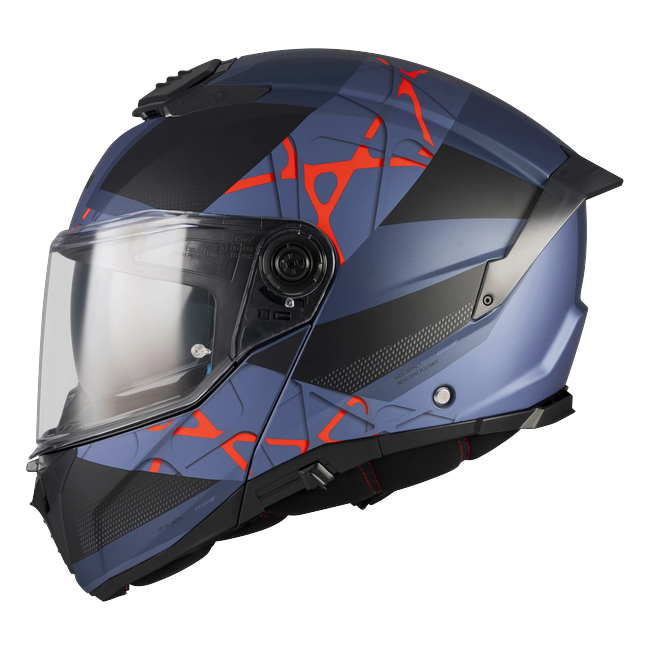 MT-Helmets Atom 2 SV Change C17 flip-up helmet in matt navy with orange and red — side view