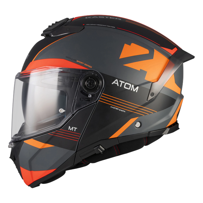 MT-Helmets Atom 2 SV Kaster C14 flip-up helmet in matt black and grey with orange — side view