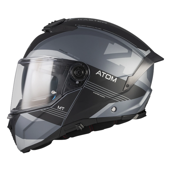 MT-Helmets Atom 2 SV Kaster C2 flip-up helmet in matt anthracite and grey — side view