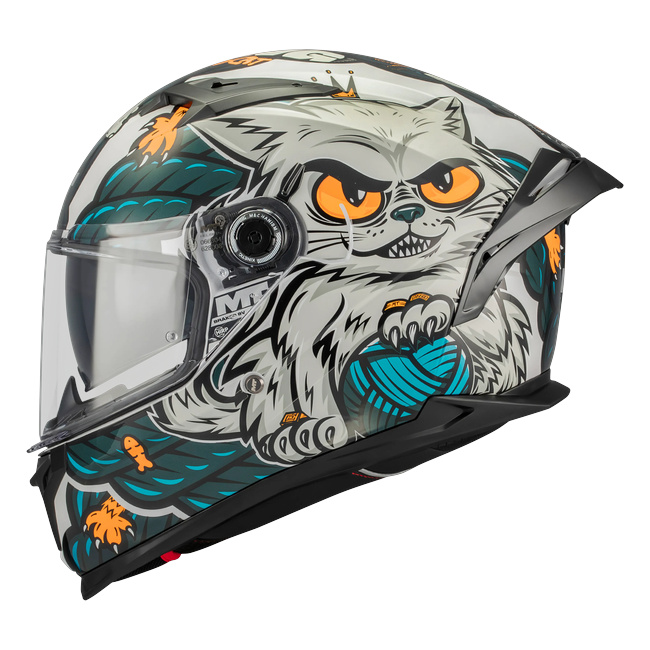 MT-Helmets Braker SV The King A7 full-face helmet in gloss cream with a cat illustration — side view