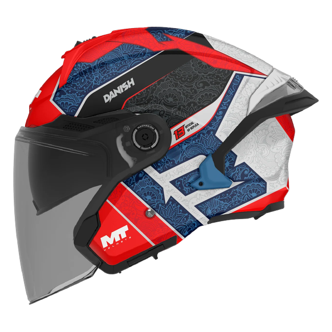 MT-Helmets Cosmo SV Hakim Danish Replica 2026 jet helmet in gloss red, blue and white — side view