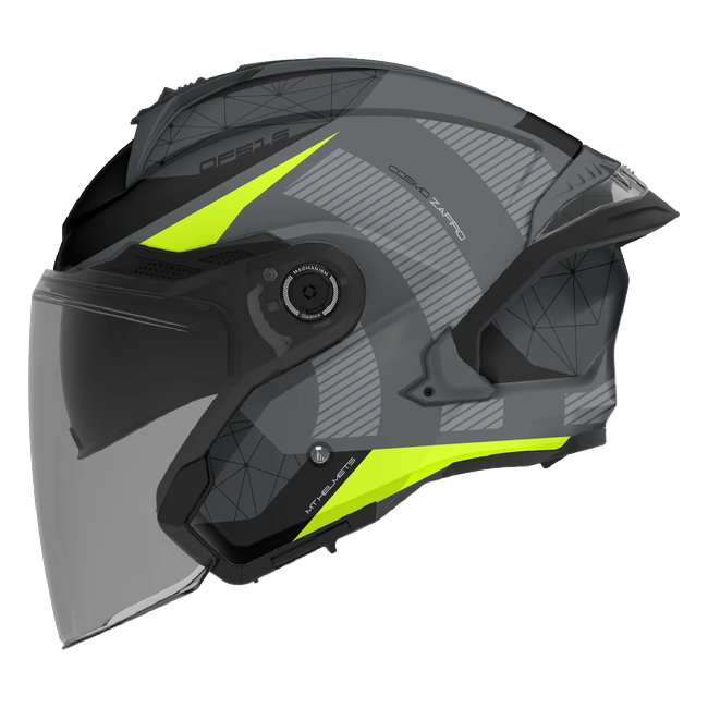 MT-Helmets Cosmo SV Zafiro C3 jet helmet in matt black and grey with fluorescent yellow — side view