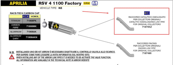 Arrow 71674KZ stainless steel mid-pipe with catalytic converter for Aprilia RSV4 1100 Factory