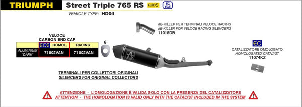 Arrow Veloce Aluminium slip-on silencer 71502VAN for Triumph Street Triple 765 2020-2022