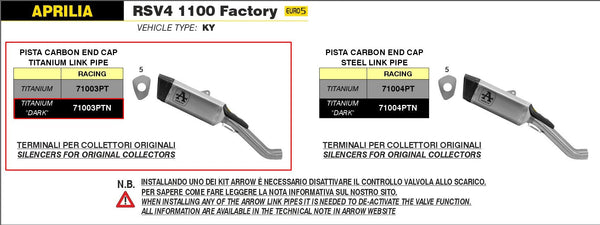 Arrow Pista slip-on silencer 71003PTN titanium dark carbon end cap Aprilia RSV4 1100 Factory