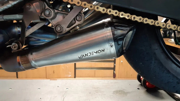 Vandemon Low Titanium full exhaust system on Ducati Panigale V4 natural brushed finish
