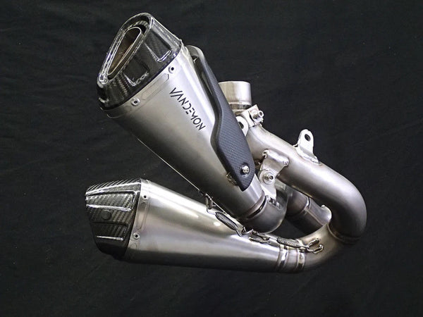 Vandemon Slip-On Low Titanium exhaust on Ducati Panigale V4, natural brushed finish