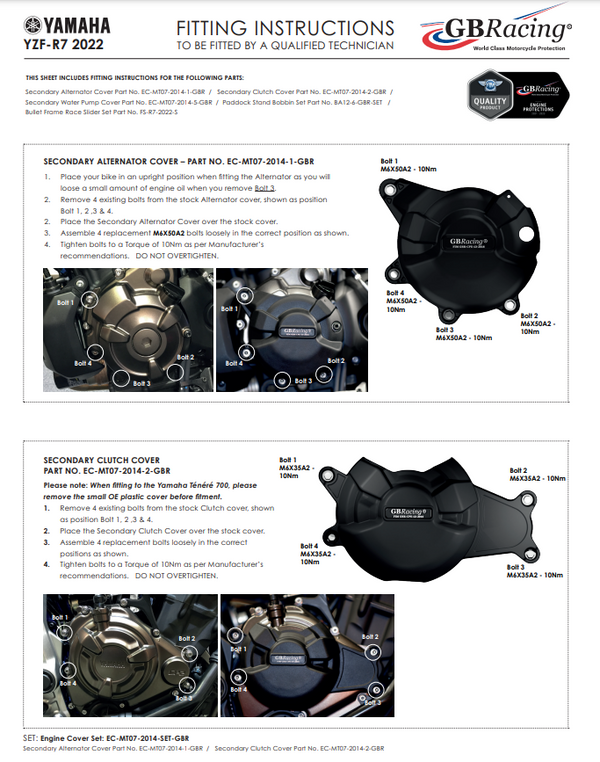 GBRacing engine cover protector complete set for Yamaha YZF-R7 2021–2026
