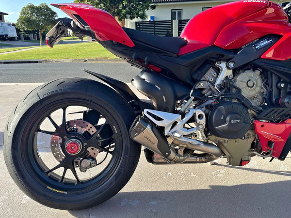 Vandemon Slip-On Low titanium exhaust system with carbon fibre end caps for Ducati Panigale V4/S/R 2018-2021