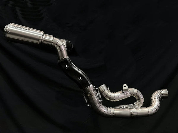 Vandemon Ti1 titanium half-system exhaust fitted to Ducati Panigale V4, natural brushed finish