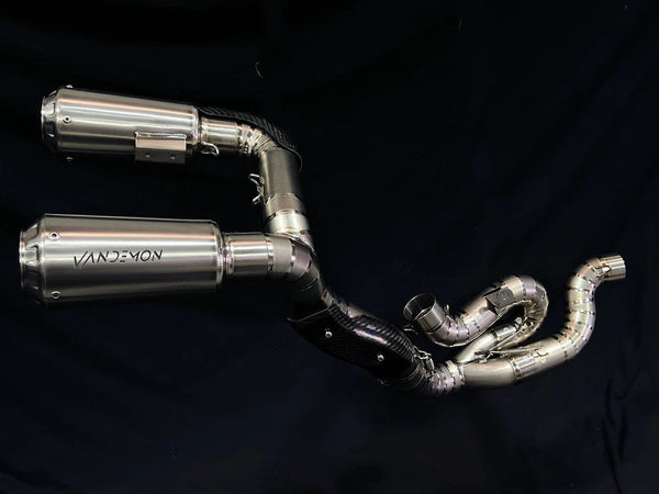 Vandemon Ti1 titanium half-system exhaust fitted to Ducati Panigale V4, natural brushed finish
