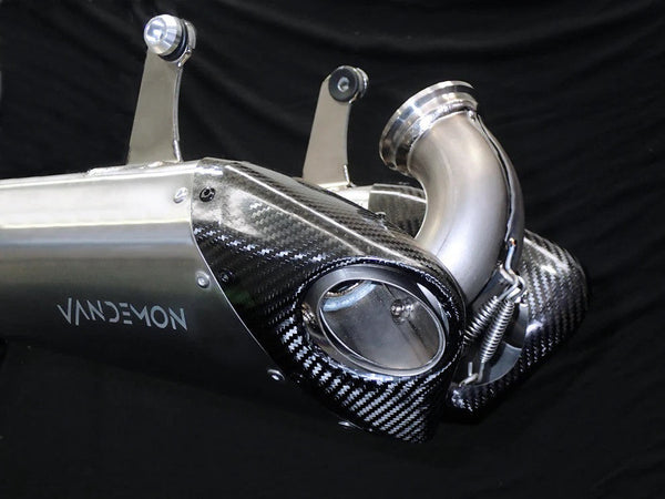 Vandemon Slip-On Low Titanium exhaust system on Ducati Panigale V2 955 with carbon fibre end caps