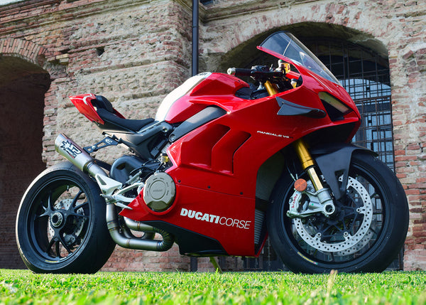 Spark GRID-O titanium slip-on silencers and stainless steel mid-pipe on Ducati Panigale V4