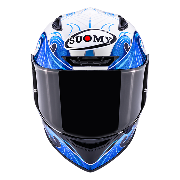 Suomy Track-1 full-face helmet in Waves White graphic, front three-quarter view