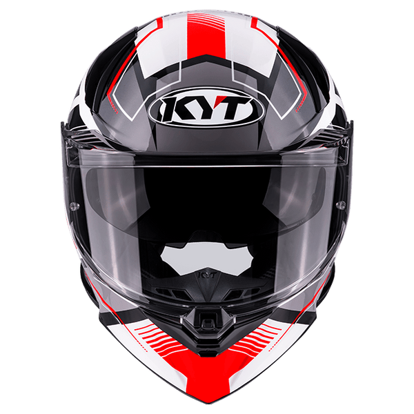 KYT R2R full-face helmet in Parsec White/Red graphic, front three-quarter view