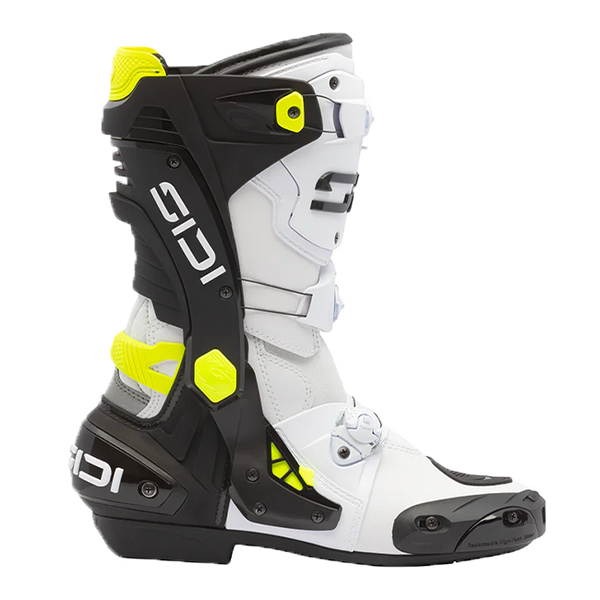 Sidi Rex motorcycle racing boots in white, black and yellow colourway