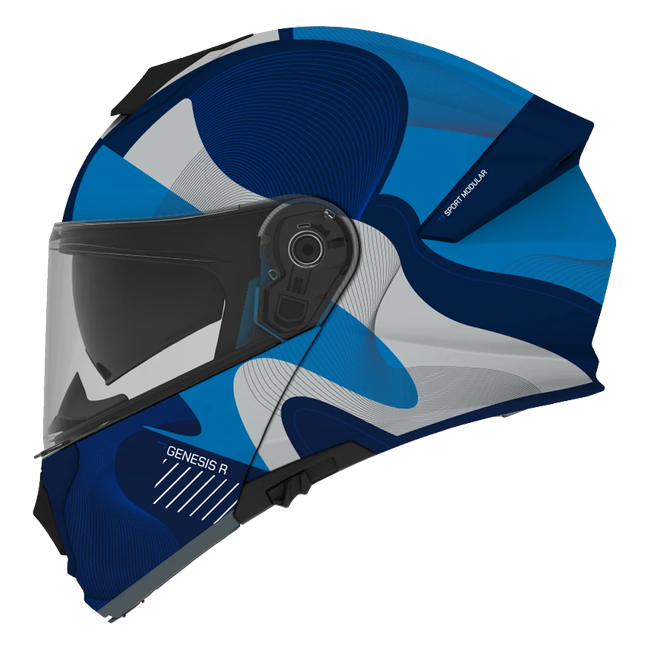 MT-Helmets Genesis R SV Lancer C7 flip-up helmet in matt navy with cyan blocks — side view