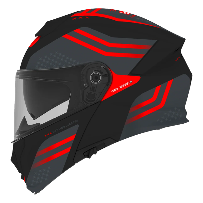 MT-Helmets Genesis R SV Vibe B5 flip-up helmet in matt black with red chevrons — side view