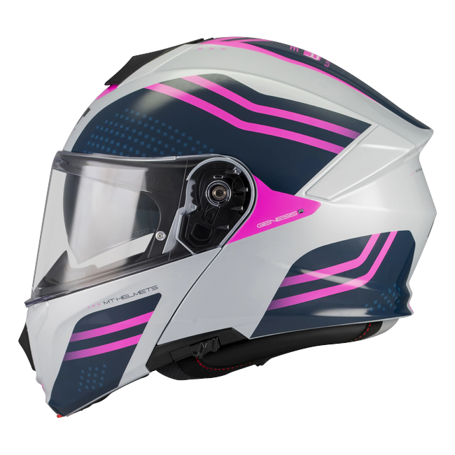 MT-Helmets Genesis R SV Vibe C8 flip-up helmet in gloss white with magenta chevrons — side view