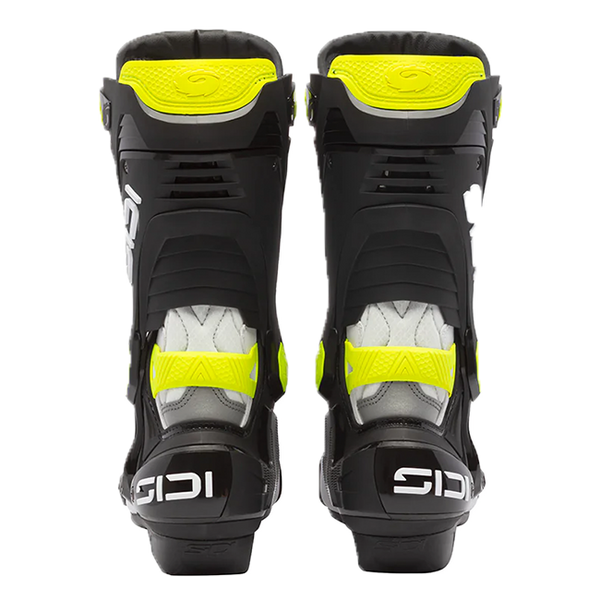 Sidi Rex motorcycle racing boots in white, black and yellow colourway