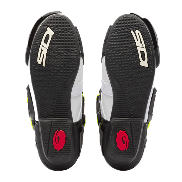 Sidi Rex motorcycle racing boots in white, black and yellow colourway