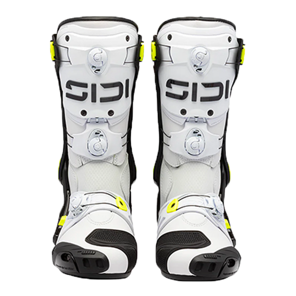 Sidi Rex motorcycle racing boots in white, black and yellow colourway