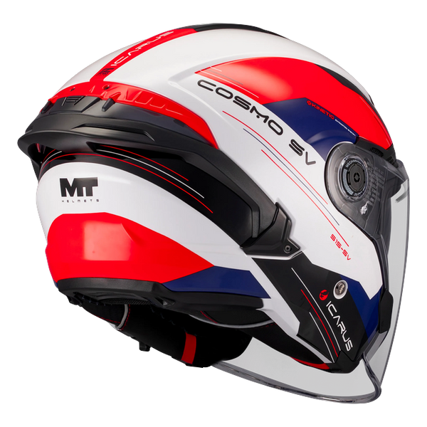 MT-Helmets Cosmo SV Icarus A5 Jet Helmet – Gloss Red / Dark Blue – rear three-quarter view