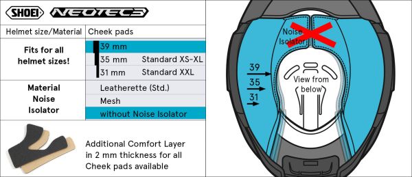 Shoei Cheek Pads 39mm Type-Q for Neotec 3 (no noise isolator) – size chart