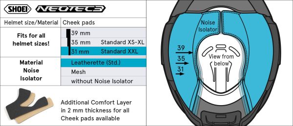 Shoei Cheek Pads 31mm Type-QL for Neotec 3 (leather noise isolator) – size chart