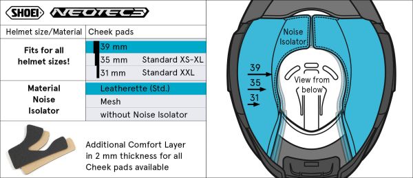 Shoei Cheek Pads 39mm Type-QL for Neotec 3 (leather noise isolator) – size chart