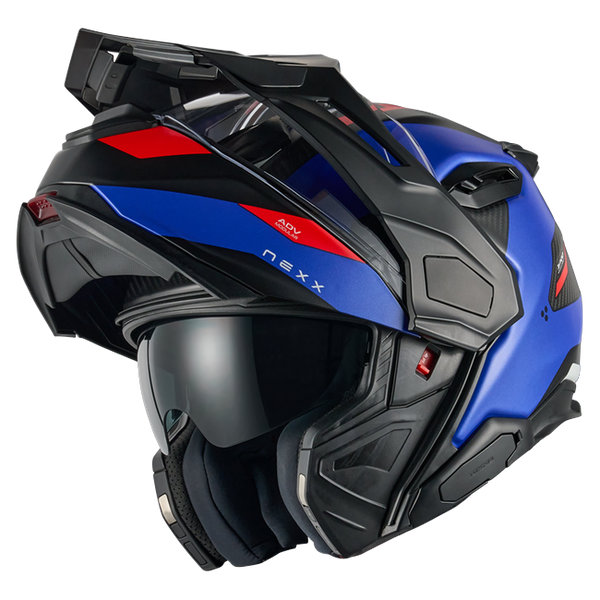 Nexx X.LIFECOUNTRY Terra Blue Red Adventure Flip-Up Helmet – three-quarter view, chin bar open
