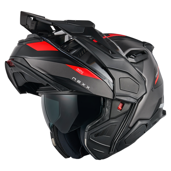 Nexx X.LIFECOUNTRY Terra Grey Red Adventure Flip-Up Helmet – three-quarter view, chin bar open