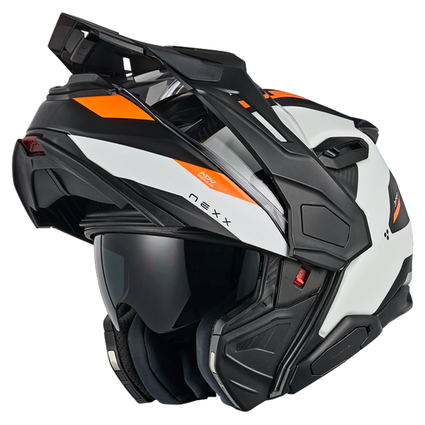 Nexx X.LIFECOUNTRY Terra White Orange Adventure Flip-Up Helmet – three-quarter view, chin bar open