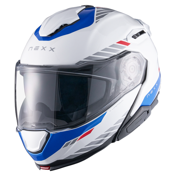 Nexx X.LIFETOUR Globe White Blue Touring Flip-Up Helmet – front three-quarter view